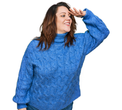 Young plus size woman wearing casual clothes very happy and smiling looking far away with hand over head. searching concept.