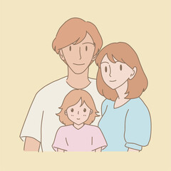 Happy family portrait; father, mother, child standing and looking at camera to take photo. Hand drawn flat cartoon character vector illustration.