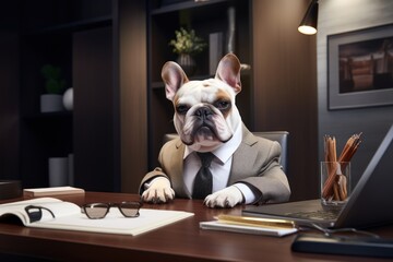 French bulldog like a boss sitting behind a desk in style of Anthropomorphic animals. Generative AI.