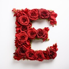 English letter E, whose texture is red rose. white background. Generative AI.