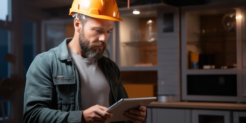 Builder in helmet working with tablet on kitchen background