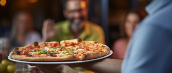 Man delivering cooked homemade hot pizza close-up to family. In background, family wait for italian food.