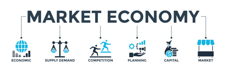 Market economy banner concept with icon of economic, supply demand, competition, planning, capital, and market.  Web icon vector illustration