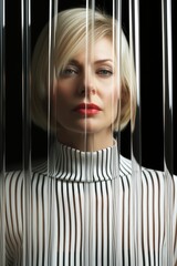 Vertical through textured glass wall portrait of modern mature Caucasian woman with blond bob cut hair thinking of something, striped distortion effect