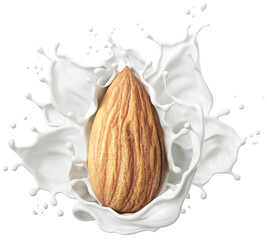 Almond nut falling into almond milk splash, 3d illustration.