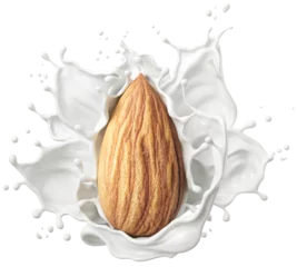 Fotobehang Almond nut falling into almond milk splash, 3d illustration. © Anusorn