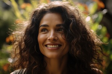 Portrait of happy biracial woman with dark curly hair smiling in garden