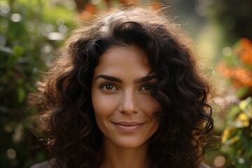 Portrait of happy biracial woman with dark curly hair smiling in garden