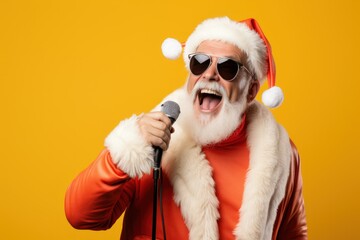 Fototapeta na wymiar Grey haired stylish christmas grandfather in red hat cap celebrate x-mas party hold microphone sing noel carols feel funky with big belly wear suspenders isolated over yellow color background