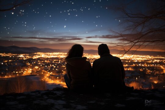 Couple stargazing on a clear winter night - stock photography concepts