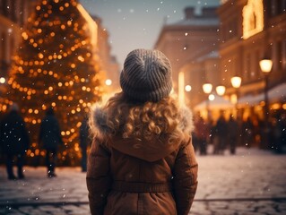 Little girl standing at the city square and looking at Christmas tree, back view. holidays,...