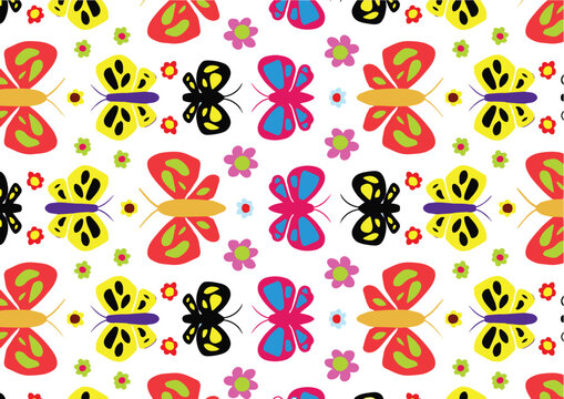 A seamless pattern of colorful butterflies and flowers on a white background