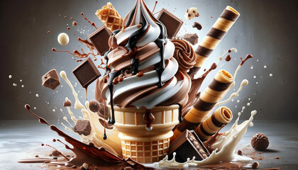 A swirl of vanilla and chocolate soft serve ice cream in a crispy waffle cone with chunks of chocolate and wafer rolls floating amidst splashes of milk and chocolate - Generative AI - obrazy, fototapety, plakaty