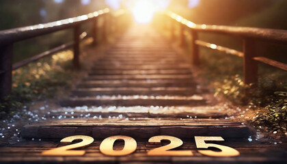 2024 2025 2026 year on stairway to the top of the hill for move forward and preparation for new business of new year concept. - obrazy, fototapety, plakaty