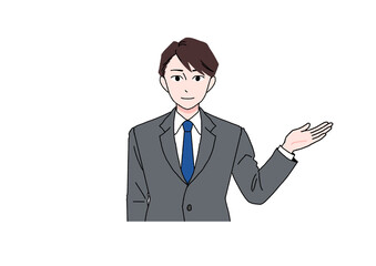 笑顔で案内するスーツの男性