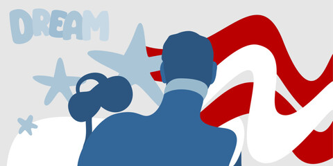 A vector back view silhouette illustration set on stars and stripes with the word Dream on the background - 689934640