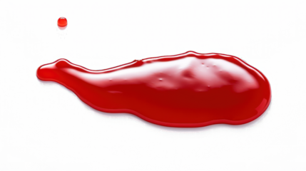 A Red drops of ketchup or sauce isolated on white background with contrasting paths. Full depth of field, focus stacking.
