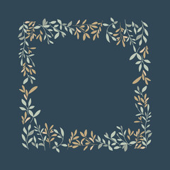 Minimalistyczna botaniczna ramka z liści i gałązek. Dekoracyjne elementy do wykorzystania na zaproszenia ślubne, karty, vouchery, ulotki, tło dla social media. - obrazy, fototapety, plakaty