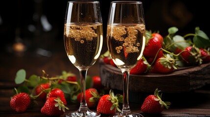 Two Glasses Champagne Bowl Strawberries , Background HD, Illustrations