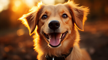 Cheerful dog in glasses on yellow background. Smart dog smiling and looking at the camera. AI generative.