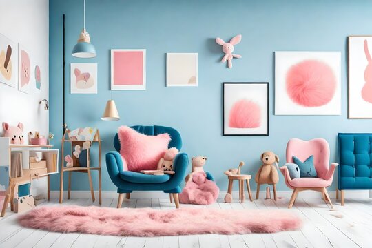 Furry pink pillow on a vibrant blue armchair in a sweet kid bedroom interior with cozy bedding and cartoon posters on white walls