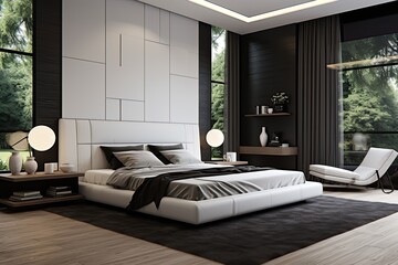 Fototapeta premium A bedroom with high ceilings and modern design.