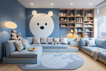 A children's room with large upholstered sofas.