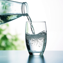Drinking water is poured from a bottle into a glass. Clean transparent drinking water. Bubbles, drops and splashes. Water advertising. Health, diet, sports, energy, thirst. White, neutral background.