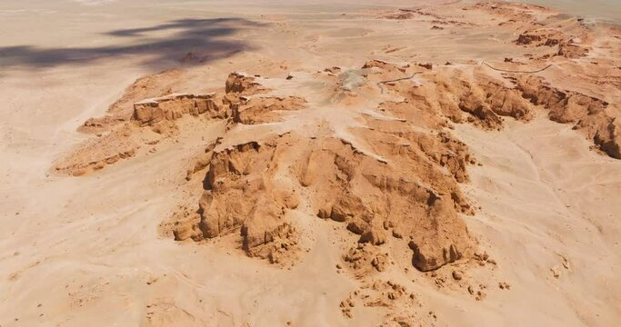 Aerial View Of Flaming Cliffs In The Gobi Desert In Omnogovi Province of Mongolia.