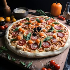 pizza with salami and tomatoes