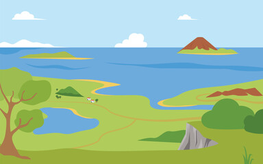 Fototapeta na wymiar Landscape with lake, sea and mountains vector illustration