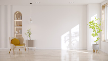 Modern minimalist interior with Light Cream armchair on wood floor,cream color wall paint mockup,3d rendering