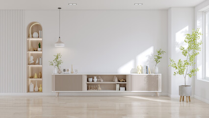 Mockup a TV wall mounted with armchair with white tv sideboard  in living room with a white wall.3d rendering