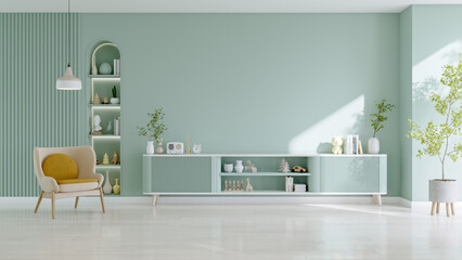 Modern minimal Mockup a TV wall mounted with armchair with green tv sideboard in living room ,Green pastel wall.3d rendering