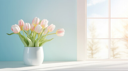 Bouquet of tulips in a vase on the windowsill. - Powered by Adobe