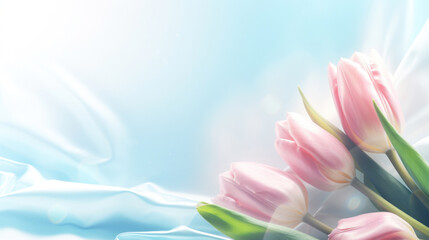 Bouquet of pink tulips on a blue background with copy space