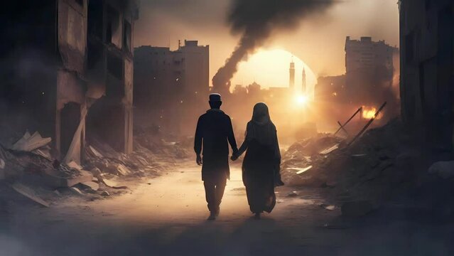 Silhouette Moslem couple with city burning background, Seamless Animation Video Background in 4K Resolution	