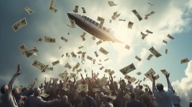 money drop from air to people in the city comeliness, concept of recession rescue by monetization economy