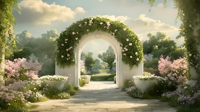 midst serene garden, smaller, humble version Attention Archway stands, white stone pillars covered creeping vines blooming flowers. lone figure sits ground front archway, 2d animation