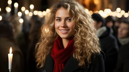 Portrait Smiling Woman Wearing Red Christmas , Background HD, Illustrations