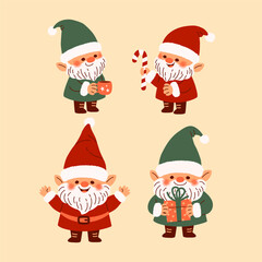 Cute cartoon Christmas santa gnome characters. Christmas vector illustration.