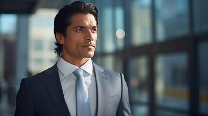 Confident Indian businessman in 40s, black hair, light suit ,clean and minimalist ,workers in warehouse