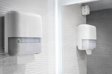 Paper towel dispenser for washing hands, clean minimal scene - obrazy, fototapety, plakaty