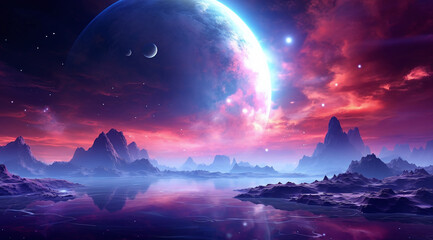 Fantasy alien planet. Mountain and lake. 