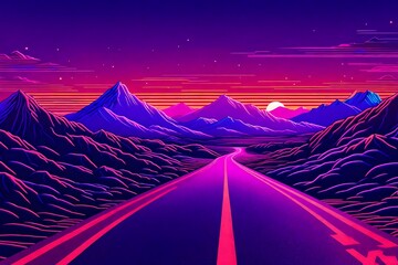Fototapeta na wymiar **landscape with mountains, trendy neon synth wave background with sunset sky, road and mountains, retro abstract background. retro wave scene ai generated image