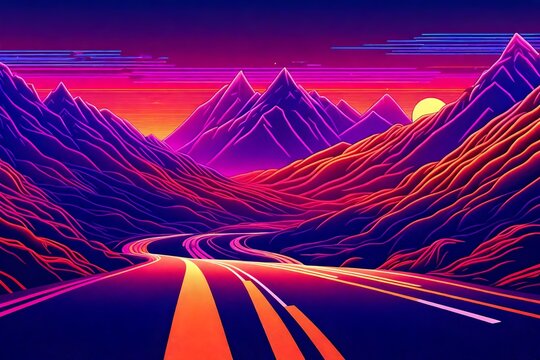 landscape with mountains, trendy neon synth wave background with sunset sky, road and mountains, retro abstract background. retro wave scene ai generated image