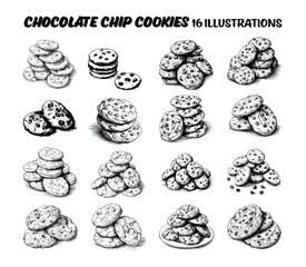 Collection of choco chip cookies. Sketch illustration