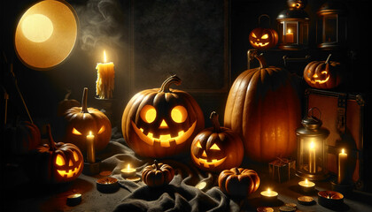 A Halloween night party invitation featuring jack o'lantern carved pumpkins