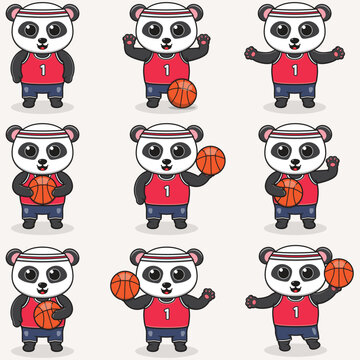 Funny Panda Basketball cartoon set. Panda Basketball set. Cute cartoon character vector set isolated on a white background. Cartoon animal sport. Animal cartoon. 