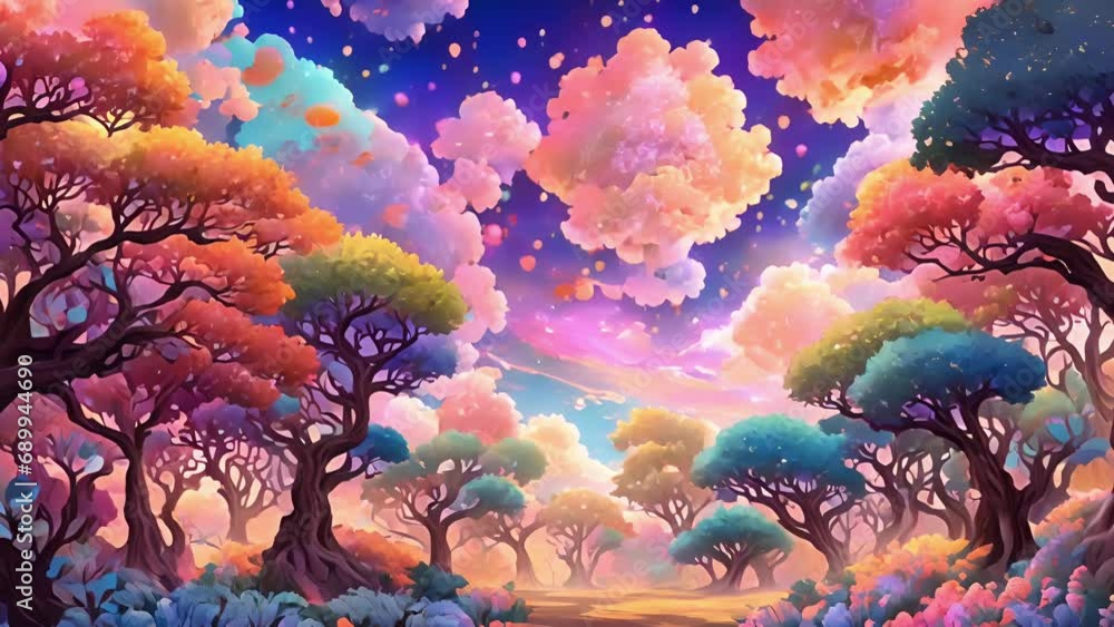 Poster enter Nebula Grove, enveloped kaleidoscope colors. trees loom above you, their branches reaching intertwining with swirling nebula clouds, creating celestial canopy. 2d animation
